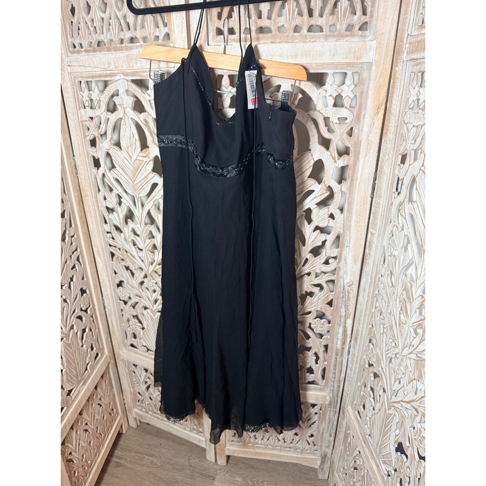 Antonio Melani Black Silk Beaded Halter Midi Dress Empire Handkerchief Hem